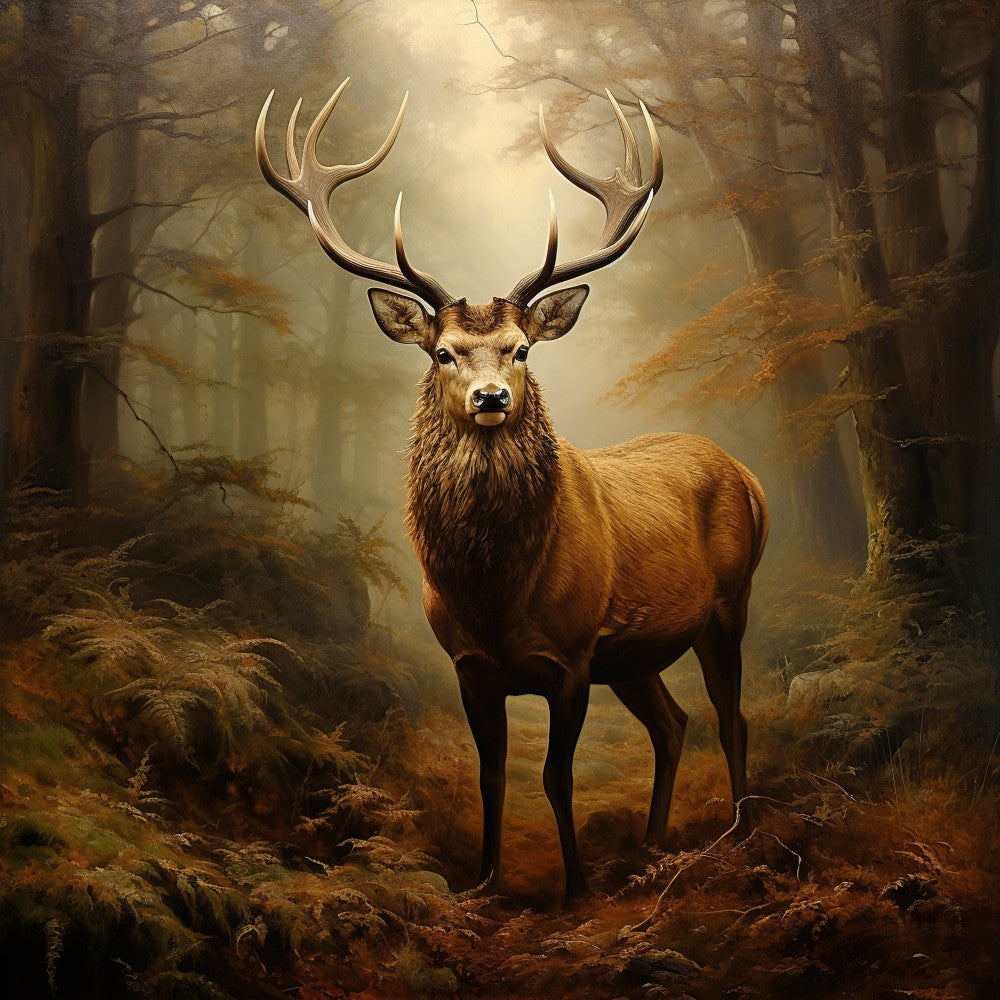 majestic deer, stag, buck, forest, woodland, nature, wildlife, animals, autumn, fall, brown, tan, cream, golden, earthy tones, misty, atmospheric, moody, dramatic, rustic, elegant, traditional, hunting lodge, cabin decor, nature lover, wild animal, antlers, horns, forest scene, scenic