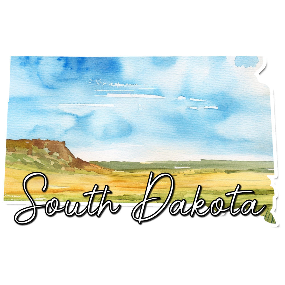 south dakota, state map, landscape, scenic, bluffs, prairie, grassland, sky, clouds, blue sky, golden yellow, tan, sage green, brown earth tones, watercolor, painted, nature, geography, travel, americana, rustic, peaceful, scenic vista, western, badlands, rolling hills, state pride, regional, countryside, wall hanging