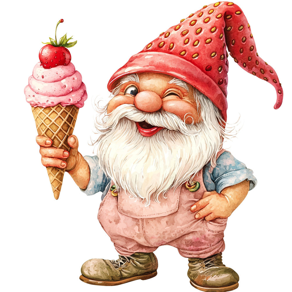 strawberry gnome, whimsical gnome, garden gnome, ice cream cone, strawberry shortcake, coral pink, dusty rose, cream white, sage green, denim blue, gnome character, folk art, vintage style, storybook, children's illustration, summer theme, garden theme, food motif, strawberry motif, playful, charming, cottage core, retro, decorative panel, novelty print, figural, character design