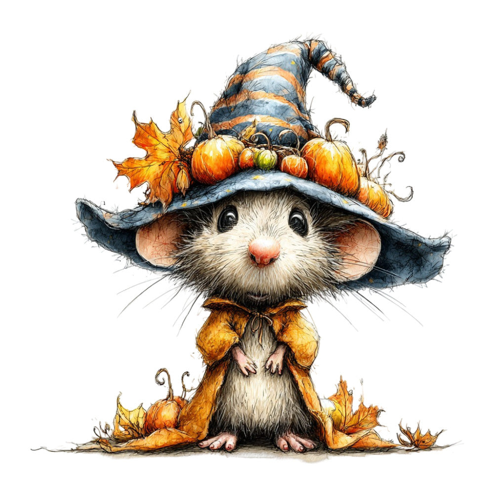 autumn mouse, fall harvest, pumpkins, orange, navy blue, cream white, rust orange, whimsical animals, cute mouse, woodland creatures, harvest theme, autumn leaves, seasonal fall, thanksgiving, cozy fall, rustic style, whimsical style, charming illustration, children's theme, storybook style, detailed artwork, nature inspired, fall colors, golden yellow, decorative panel, wall hanging, festive harvest, adorable critters, watercolor style