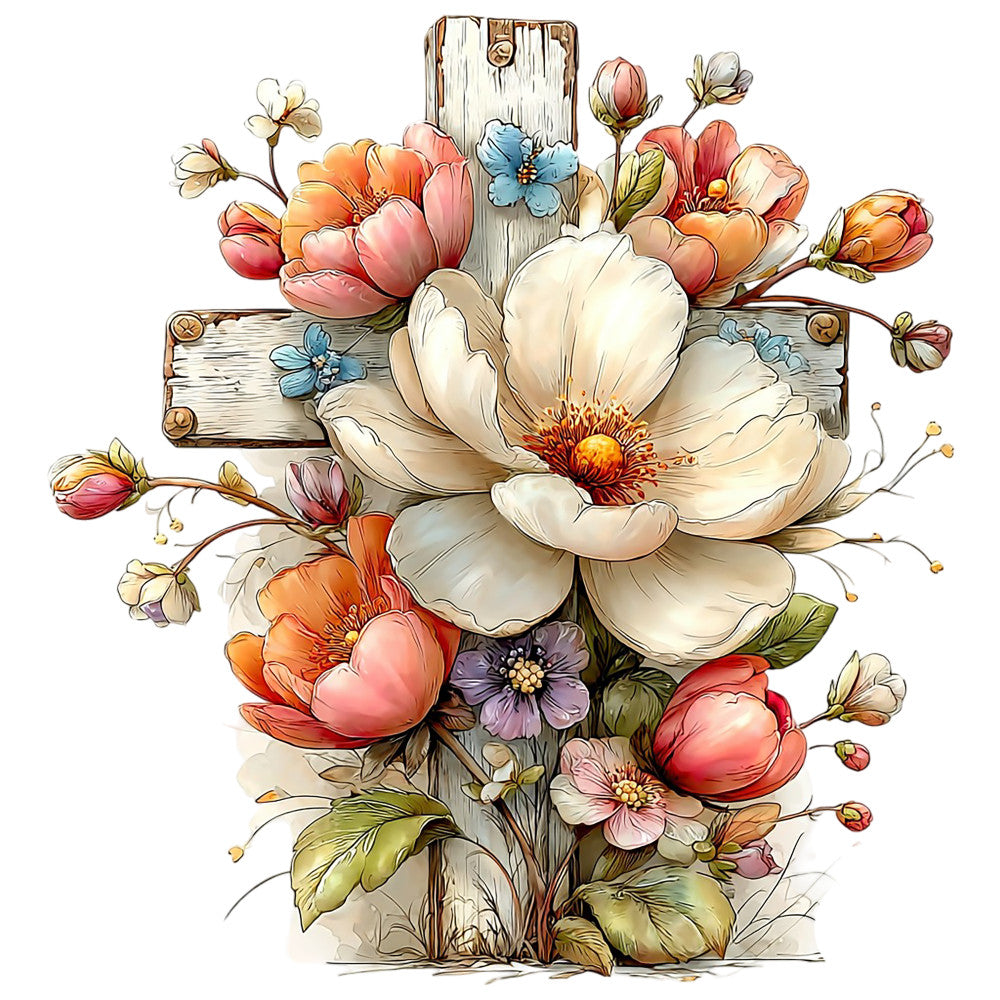 fabric panel, floral cross, weathered wood, cream flowers, coral blooms, peach petals, blue blossoms, purple flowers, orange roses, vintage style, rustic design, watercolor illustration, botanical motif, quilting cotton, spring flowers, mixed bouquet, wooden cross, soft pastels, delicate buds, garden flowers