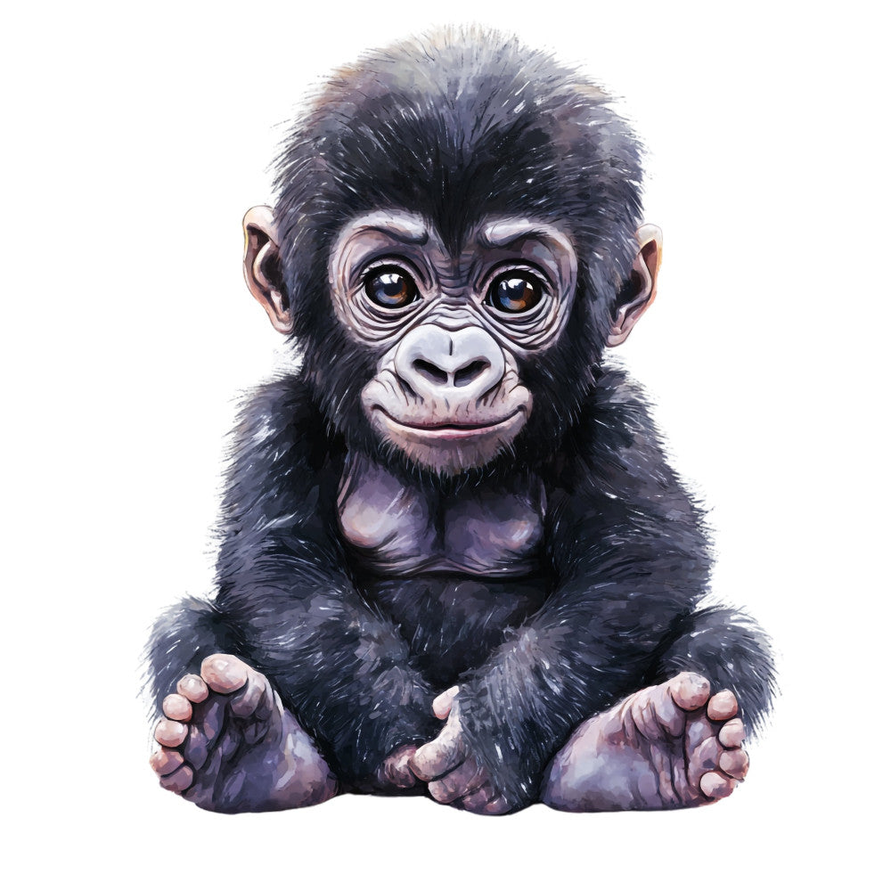 chimpanzee, baby animal, wildlife, primate, black, charcoal, dark gray, taupe, blush pink, peach, whimsical, cute, playful, portrait, realistic, nature, animal illustration, nursery, children's, baby, adorable, sitting pose, expressive eyes, detailed, lifelike, contemporary, illustrative