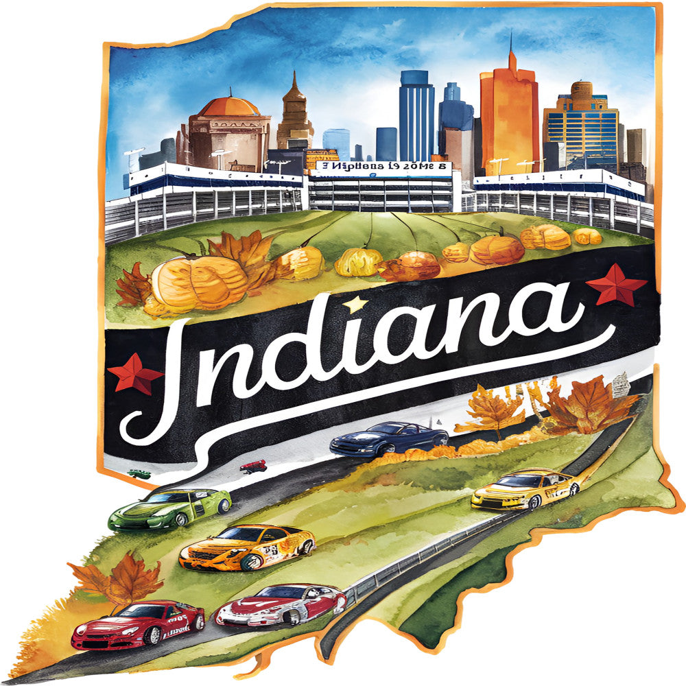 Classic US States Fabric Panel 35 featuring Indiana state outline with racing cars, autumn leaves, and city skyline printed on premium quilting cotton.