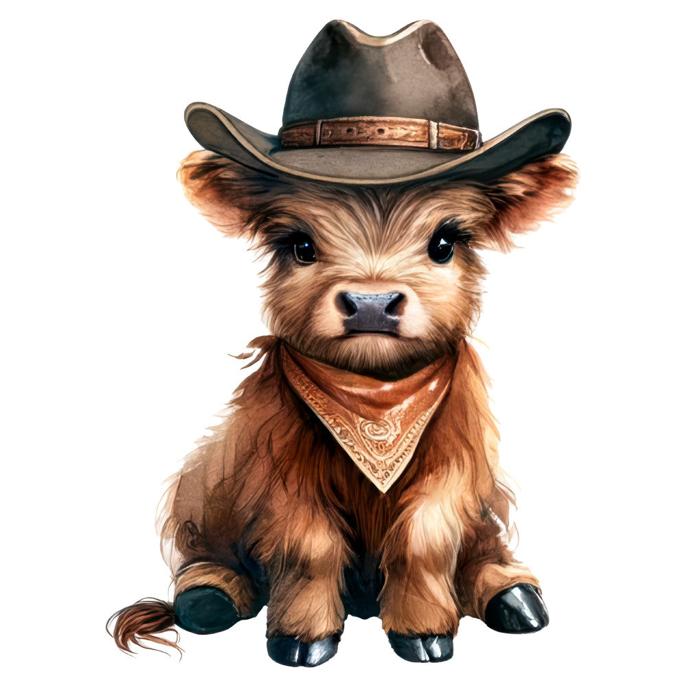cowboy, western, rustic, brown, tan, cream, black, bandana, hat, cattle, livestock, farm animals, farmhouse, whimsical, cute, adorable, humorous, novelty, children's, baby, portrait, character, country, frontier, wild west, folk art, decorative, wall hanging, nursery