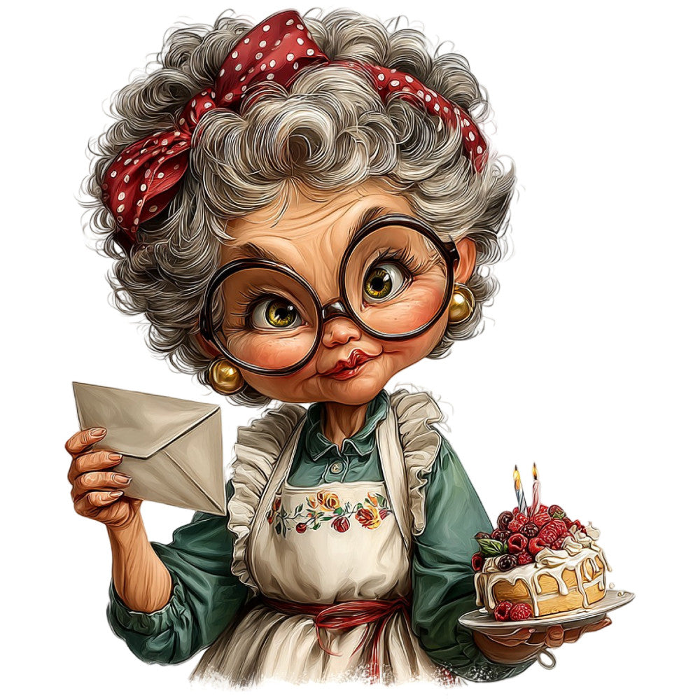 grandma, vintage, retro, whimsical, humorous, novelty, character panel, gray hair, glasses, red polka dot, forest green, cream, floral apron, birthday cake, raspberry, baking theme, kitchen, culinary, nostalgia, mid-century, playful, cute, illustration, portrait, lady, woman, dessert, baker, charming, traditional