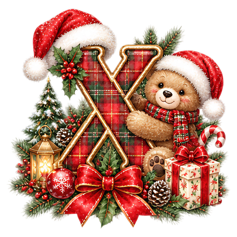 christmas, holiday, teddy bear, santa hat, plaid, red and green, cream, gold accents, festive, traditional, whimsical, cute, animals, winter, pine branches, holly, candy cane, ornaments, gift box, lantern, pinecone, red ribbon, bow, tartan, cheerful, vintage christmas, seasonal, children's, nursery