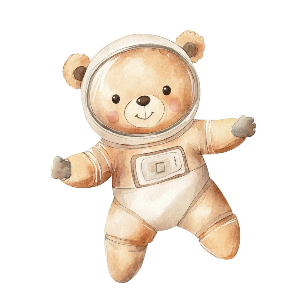 astronaut bear, space bear, teddy bear, cute animals, whimsical, children's, baby, tan, beige, cream, brown, soft colors, pastel, animal characters, space theme, celestial, adventure, playful, nursery, cute prints, illustration style, watercolor, gender neutral, child friendly, storybook, charming, sweet, decorative, space exploration