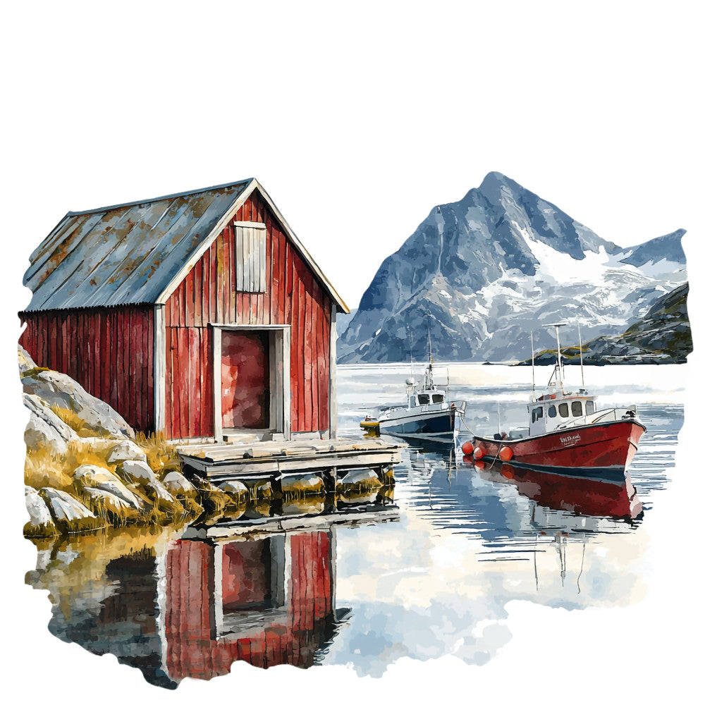 watercolor painting, red fishing hut, snow-capped mountains, fishing boats, arctic landscape, reflective water, nordic scene, coastal village, fabric panel, quilting cotton, blue mountains, weathered dock, serene harbor, scandinavian style, maritime theme, rustic cabin, fjord scenery, peaceful waters, boat reflections, rocky shoreline