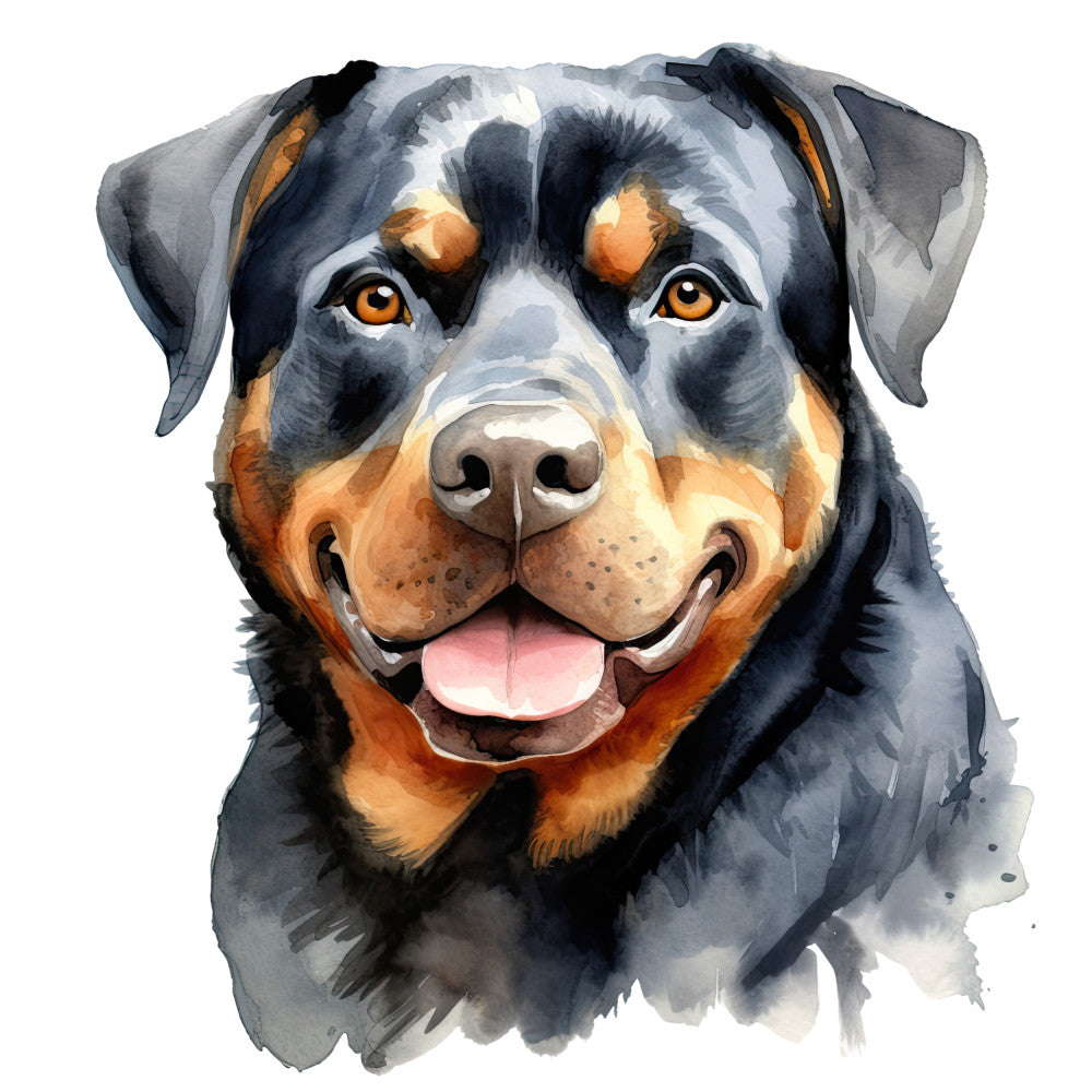 Watercolor Rottweiler Fabric Panel 15 featuring a detailed, colorful portrait of a happy Rottweiler dog printed on premium quilting cotton.