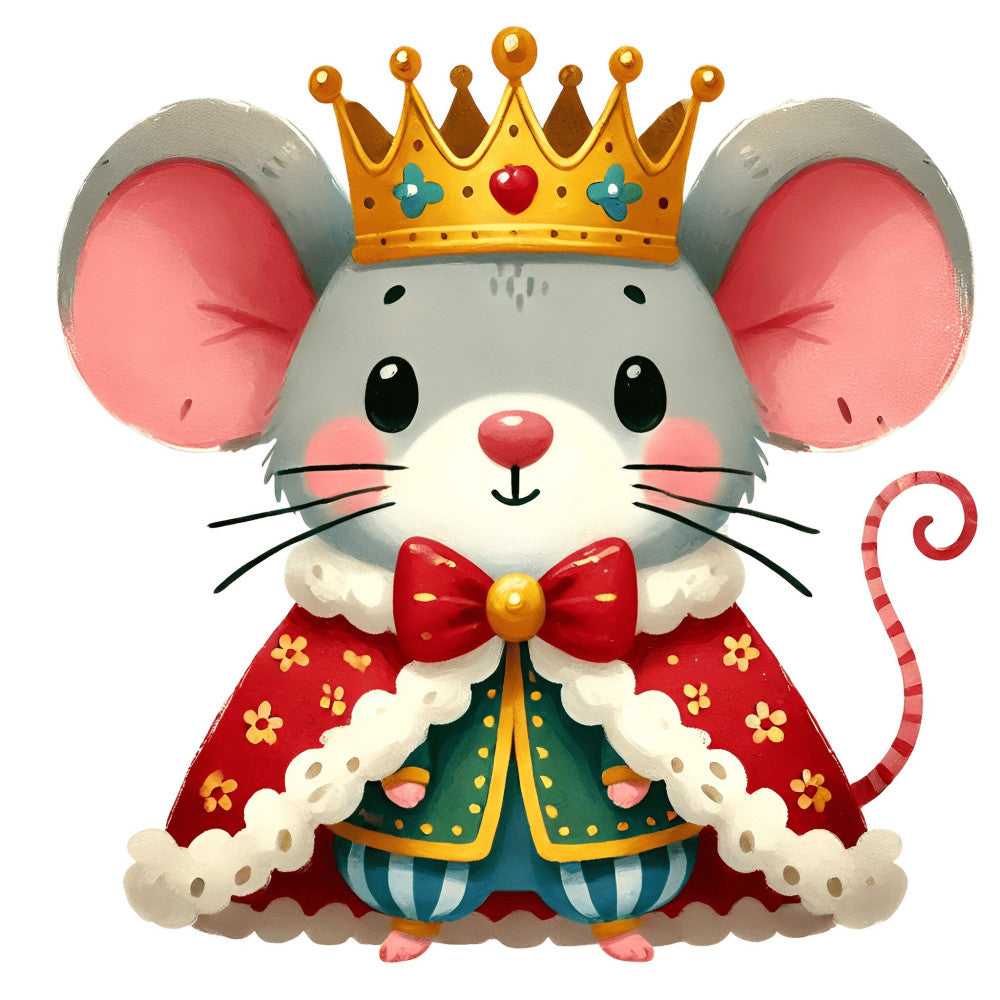 royal mouse, crowned animal, princess mouse, gold crown, coral pink, dusty rose, red, forest green, teal blue, whimsical, fairytale, storybook, cute character, mouse illustration, animal characters, royal theme, regal, ornate crown, red cape, fur trim, bow tie, striped pants, floral embroidery, gold accents, children's design, nursery, baby quilt, playful, enchanted, fantasy theme