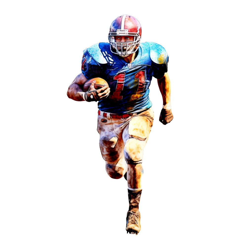 football, sports, athletic, american football, receiver, running back, number 11, red and blue, navy blue, cream, tan, watercolor, action sport, sports theme, sports motif, masculine, energetic, dynamic, team spirit, gameday, touchdown, football fan, sports apparel inspired, illustration style, painted effect, gradient colors, gold accents, helmet, sporty