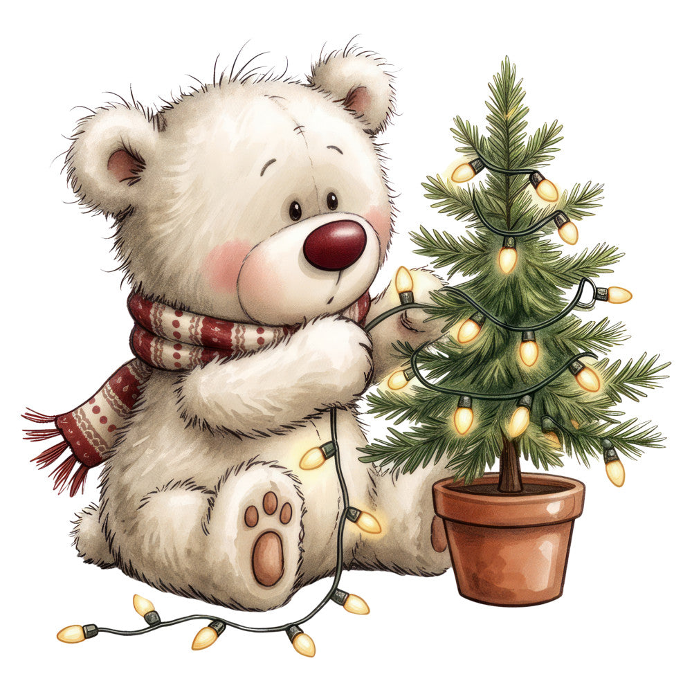 white bear, cream colored, warm white, gold lights, warm gold, evergreen tree, forest green, red plaid, burgundy scarf, christmas, holiday, winter, festive, cute animals, teddy bear, whimsical, charming, children's, baby, sweet, decorative lights, potted tree, vintage holiday, nostalgic, cozy, warm tones, playful, illustration style, character panel, seasonal decor