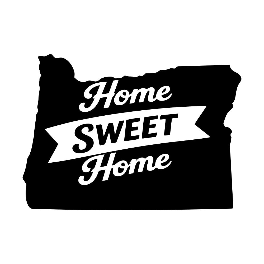 home sweet home, oregon, state pride, typography, text, banner, black and white, monochrome, vintage, retro, farmhouse, rustic, americana, patriotic, inspirational, home decor, wall hanging, scatter cushion, throw pillow, home sentiment, classic, traditional, bold text, decorative banner, regional pride, state outline, black background, white lettering