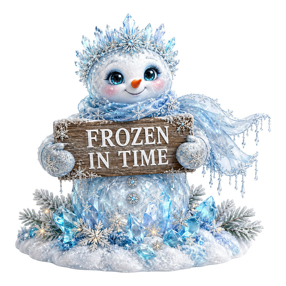 frozen in time, winter snowman, ice blue, crystal blue, white, silver, snowflake, icy, frosty, winter wonderland, holiday, christmas, frozen theme, whimsical, magical, enchanted, snow, ice crystals, cute character, festive, seasonal, winter decor, light blue, pale blue, glittery, sparkly, winter animal, snowman face, icicle, winter landscape