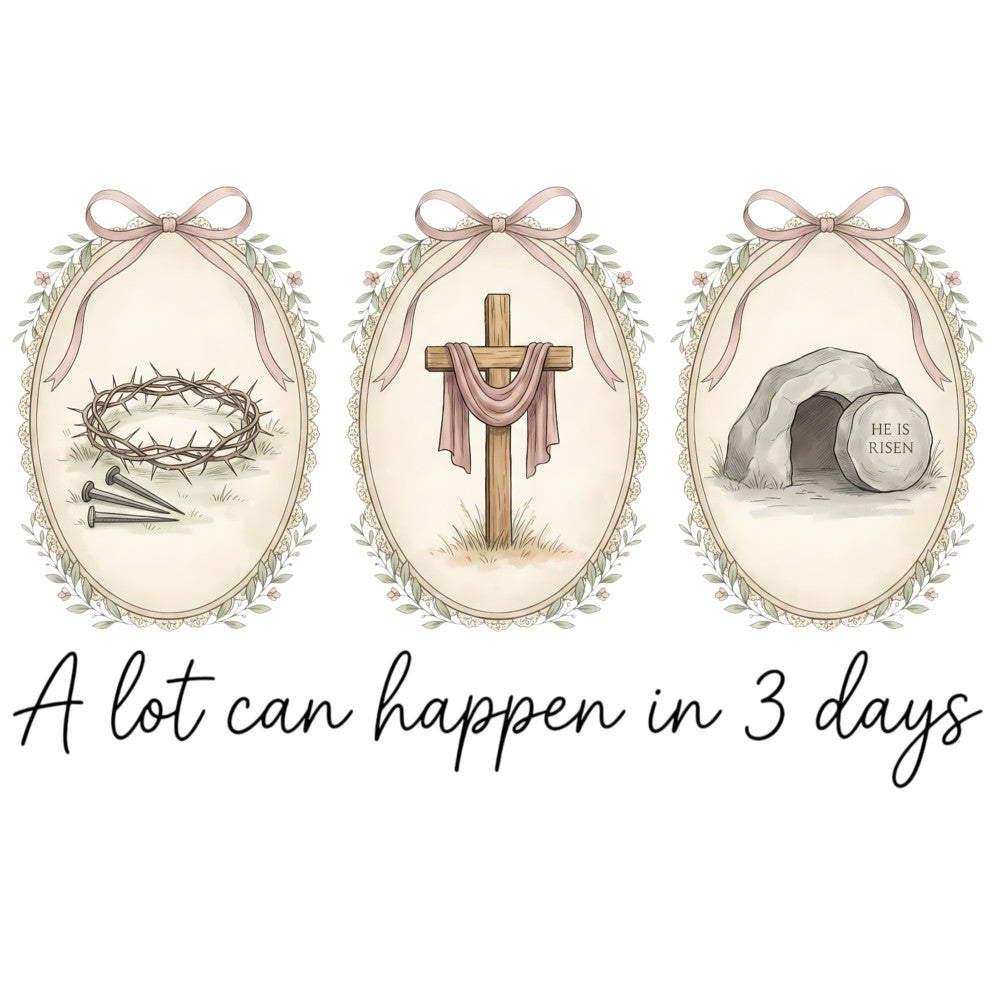 easter, religious, faith, christian, resurrection, cross, crown of thorns, tomb, he is risen, spring, spiritual, devotional, inspirational, dusty rose, cream, beige, tan, gray, floral wreath, botanical, vintage, elegant, traditional, religious imagery, three day journey, easter story, passion of christ, redemption, hope, spiritual design