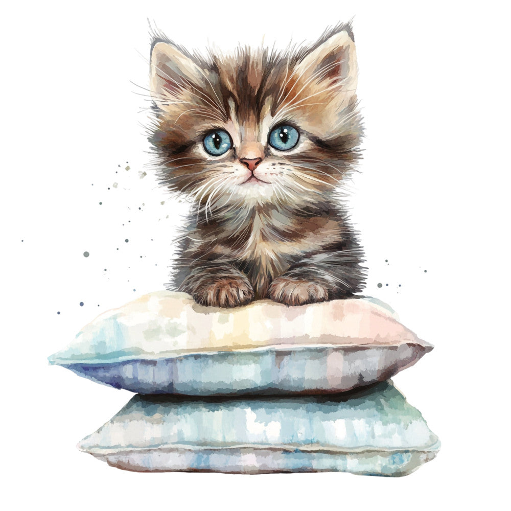 kitten, cat, fluffy, blue eyes, tabby, striped, watercolor, pastel, soft, whimsical, cute, baby, nursery, pillows, cushion, cream, tan, brown, gray, blue, gentle, illustrated, artistic, animal, pet, sweet, children's, playful, cozy