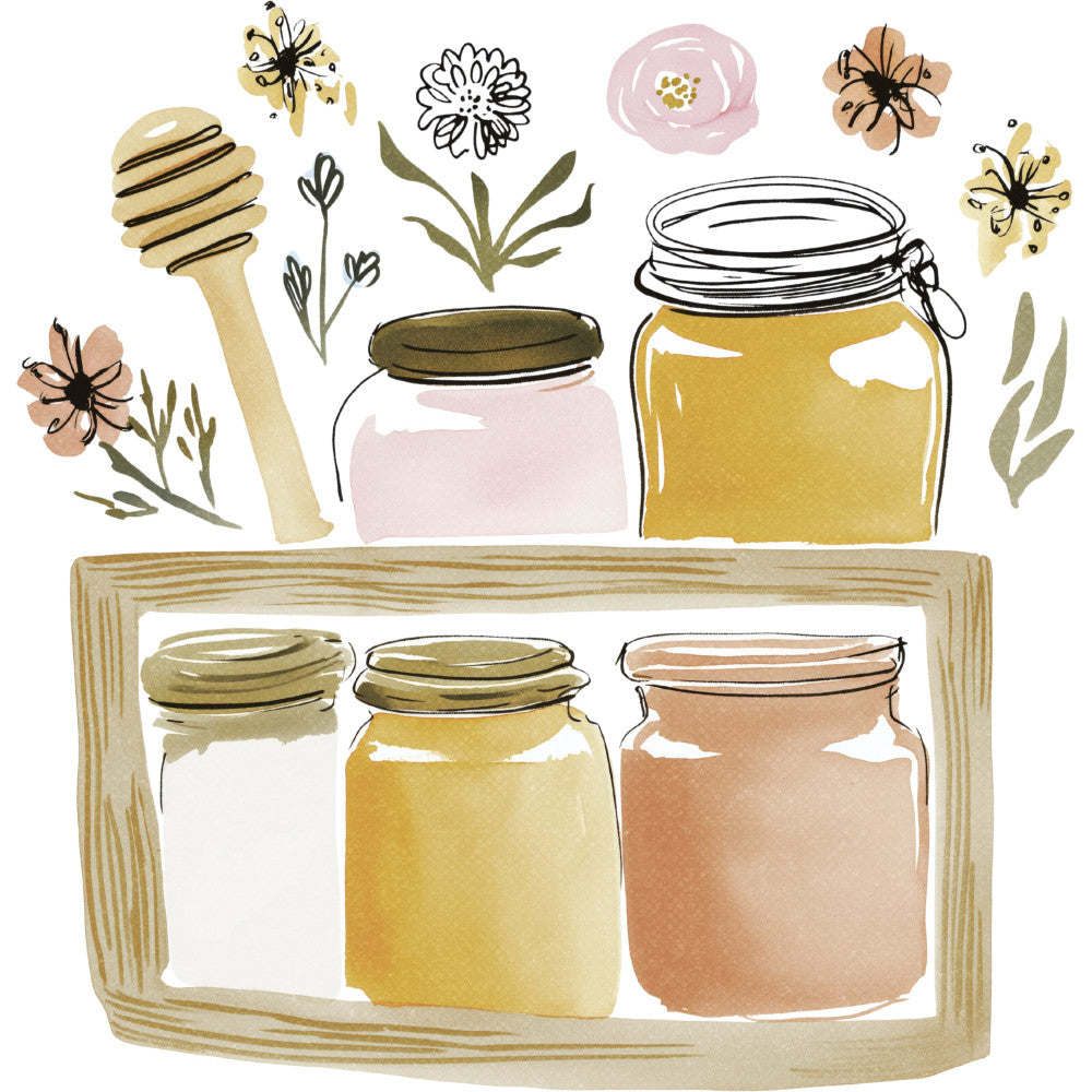 honey bee, beekeeping, mason jar, honey jars, floral, wildflowers, botanical, nature, farmhouse, rustic, cottage core, vintage, spring, summer, yellow, gold, cream, dusty rose, mauve, tan, beige, hand drawn, illustrated, whimsical, honey dipper, flowers, herbs, garden theme, natural, organic