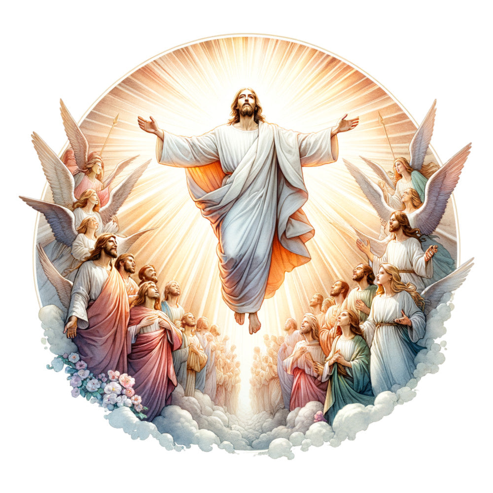 watercolor, easter panel, jesus christ, resurrection, angels, heavenly scene, white robes, golden light, radiant halo, clouds, religious imagery, christian theme, fabric panel, quilting cotton, celestial beings, divine light, orange glow, pastel colors, spiritual scene, easter celebration