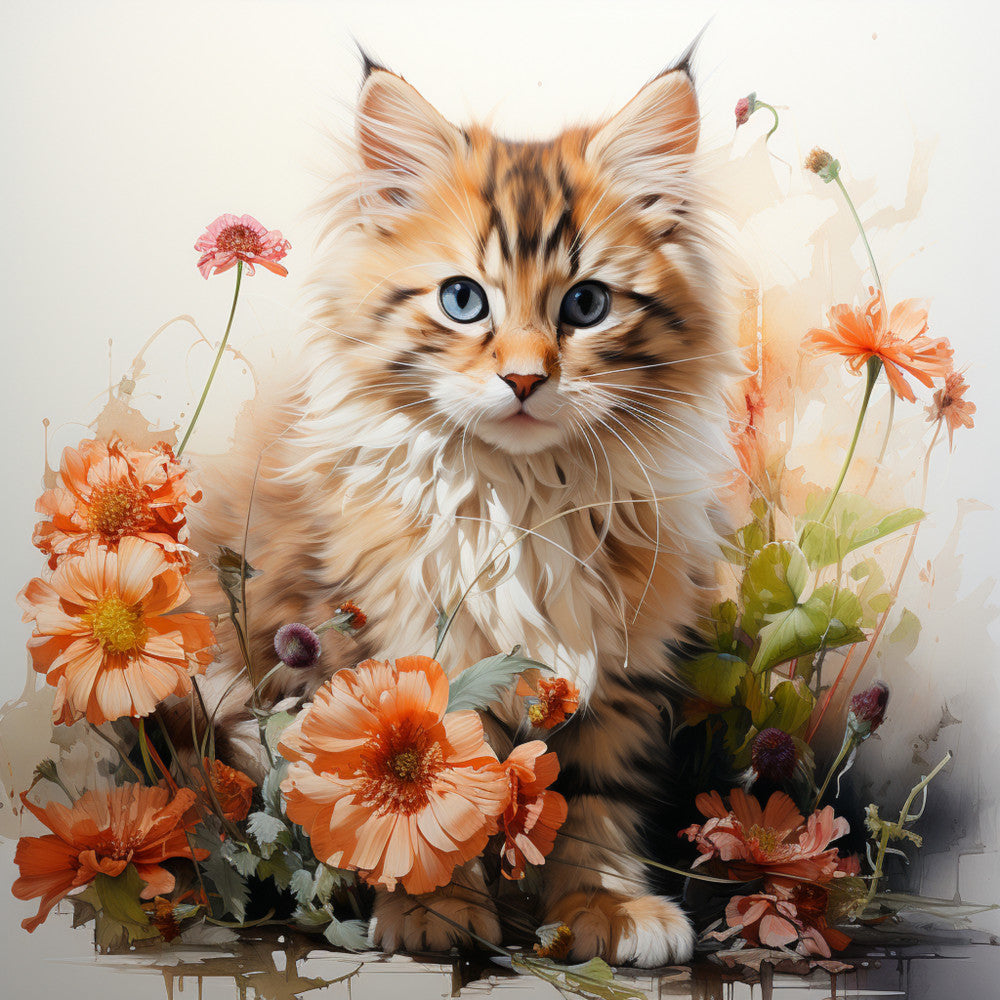 Watercolor Cats with Flowers Fabric Panel 9 featuring a detailed kitten surrounded by vibrant orange and pink flowers on premium quilting cotton.