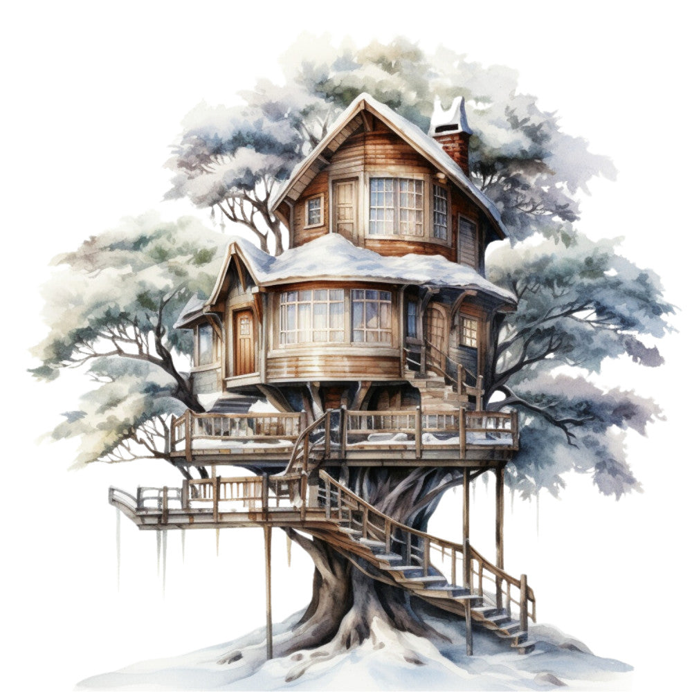 Watercolor Winter Houses Fabric Panel 47