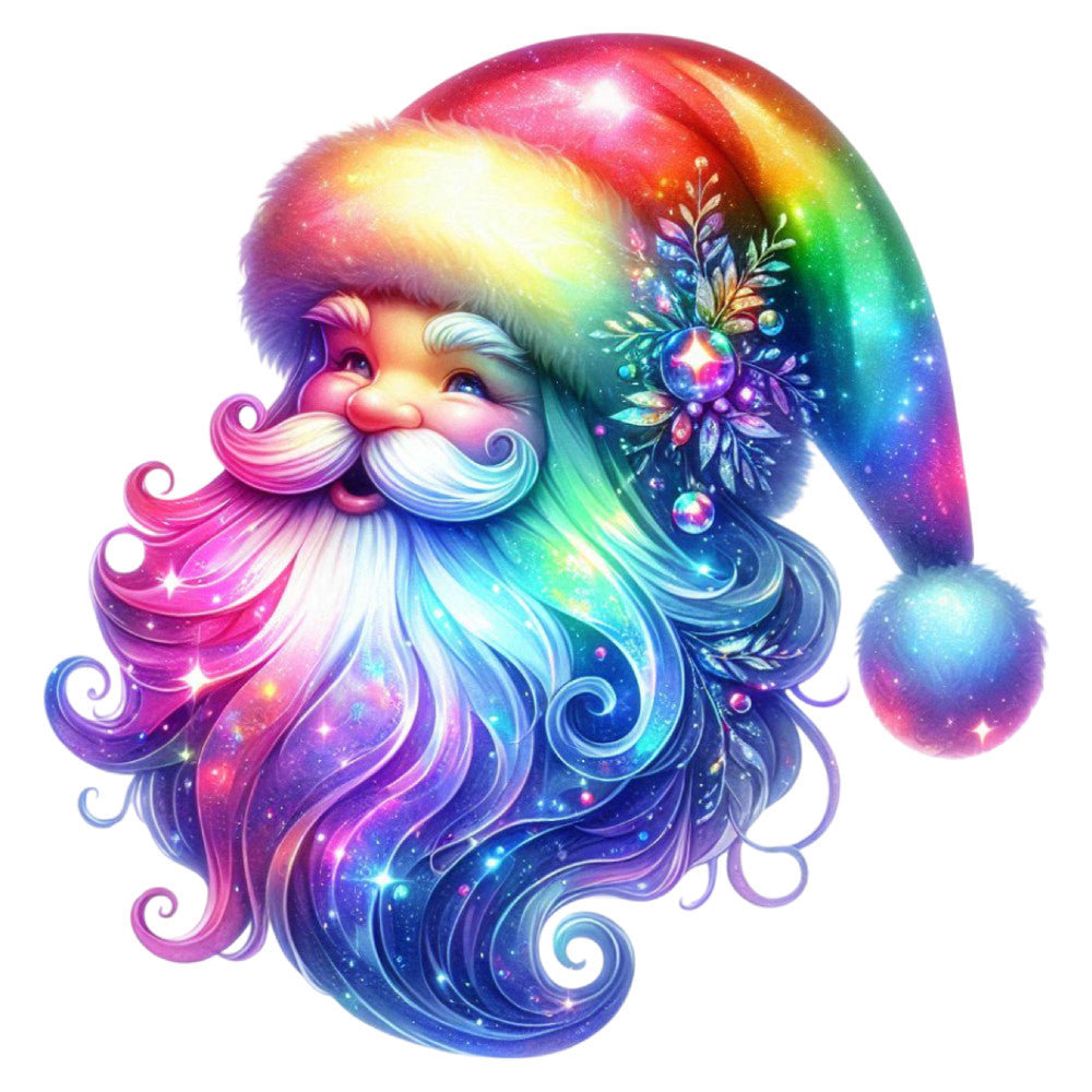 rainbow santa, colorful santa claus, whimsical holiday, celestial santa, gradient rainbow, magenta pink, purple blue, turquoise cyan, golden yellow, multi-color, christmas novelty, fantasy santa, glowing stars, sparkly metallic, magical holiday, festive whimsical, winter christmas, holiday portrait, decorative panel, santa face, jolly character, luminous effect, iridescent colors, aurora borealis, cosmic holiday, festive spirit, traditional santa, modern christmas, holiday wall hanging