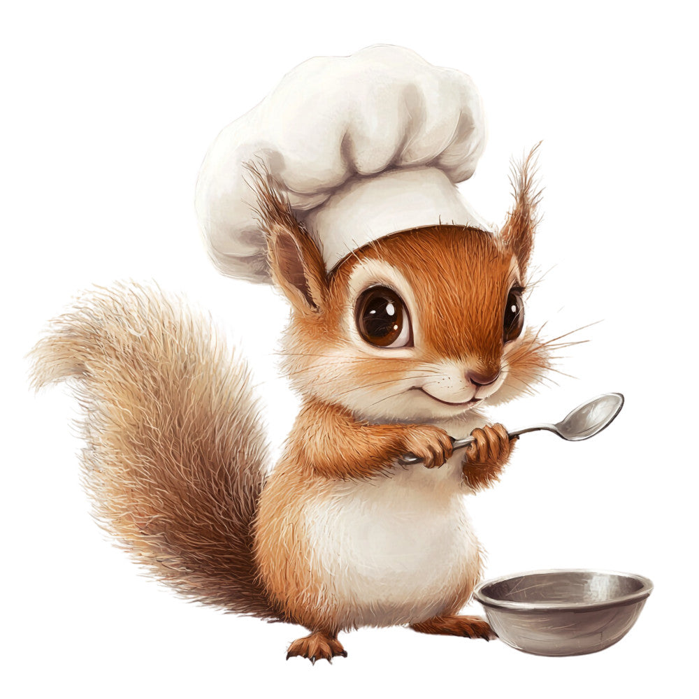 squirrel, chef hat, cooking, whimsical, brown fur, orange tones, cream white, cute animal, kitchen theme, spoon, bowl, bushy tail, cartoon style, playful, fabric panel, quilting cotton, children's design, woodland creature, culinary art, adorable character