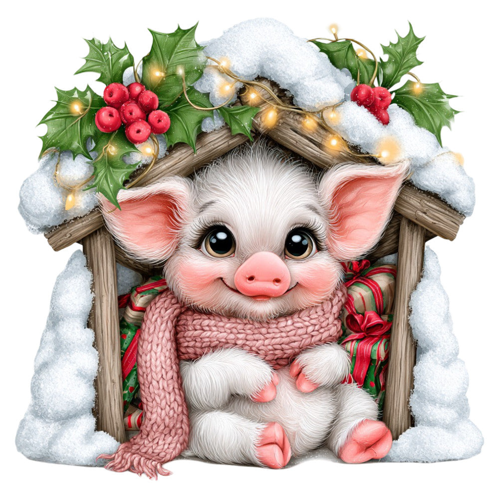 cute pig, holiday, christmas, winter, snow, festive, whimsical, animal, farm animal, red berries, holly, greenery, lights, cozy, rustic, woodland, sweet, charming, baby, nursery, cream white, dusty rose, coral pink, sage green, warm tones, magical, storybook, cottage core, farmhouse, christmas pig