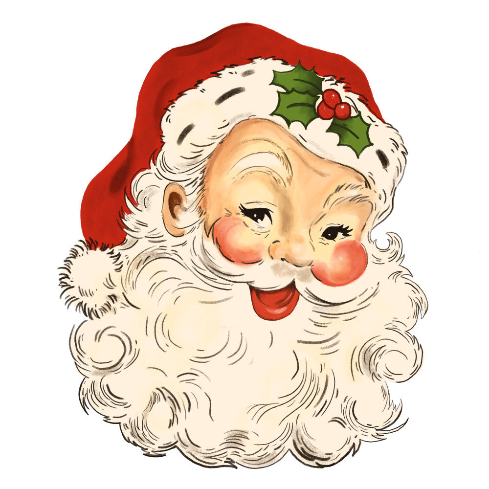 vintage santa, santa claus, christmas character, red santa hat, white beard, rosy cheeks, holly leaves, red berries, retro illustration, mid-century style, fabric panel, quilting cotton, holiday fabric, christmas sewing, festive design, red white cream, cheerful expression, winter theme, nostalgic artwork, craft project