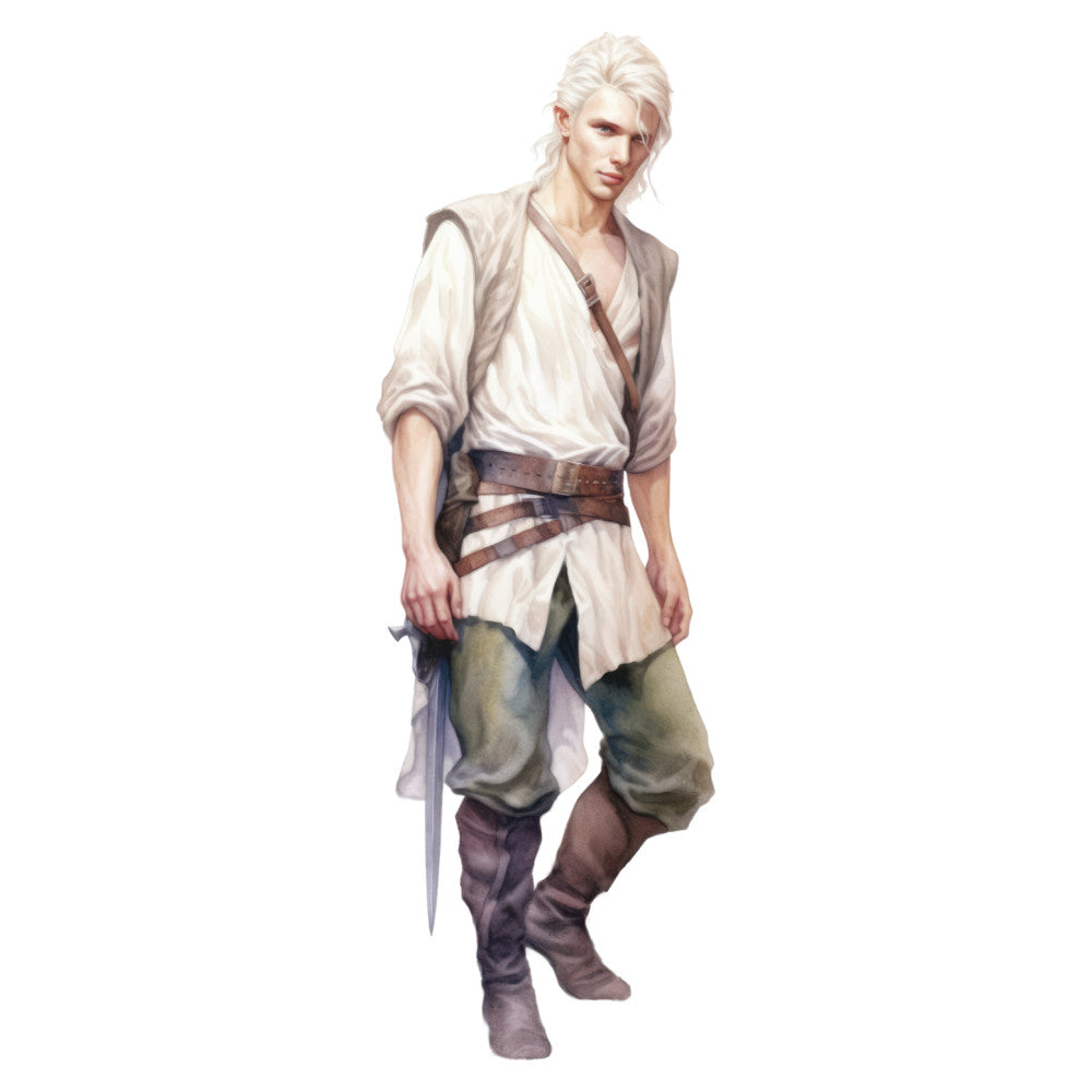 cream, beige, tan, olive green, sage green, brown, taupe, neutral, fantasy, medieval, character, warrior, adventure, historical, costume, tunic, sword, fighter, hero, man, male, figure, person, portrait, illustration, artistic, elegant, rustic, historical fantasy, renaissance