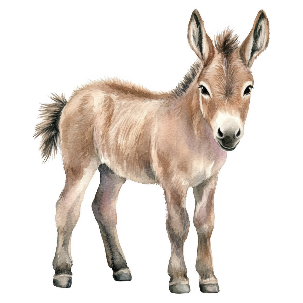 donkey, farm animals, farmhouse, rustic, baby animals, children's, nursery, beige, tan, cream, white, gray, charcoal, animal illustration, realistic, whimsical, sweet, gentle, countryside, pastoral, nature, woodland, spring, baby quilt, wall hanging, kids decor, adorable, lifelike portrait