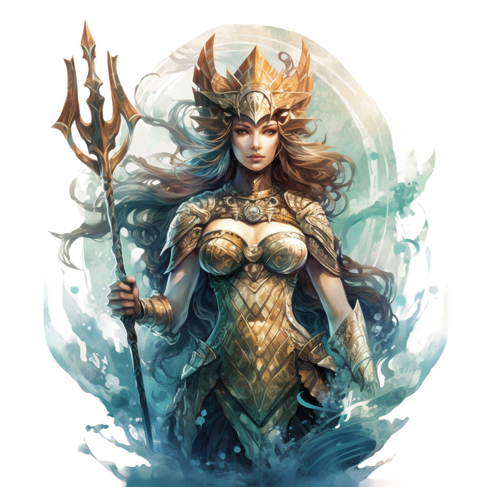 aqua, teal, gold, bronze, flowing hair, trident, crown, armor, goddess, warrior, ocean waves, water splashes, fantasy art, digital illustration, mythological character, sea queen, ornate details, metallic accents, fabric panel, quilting cotton