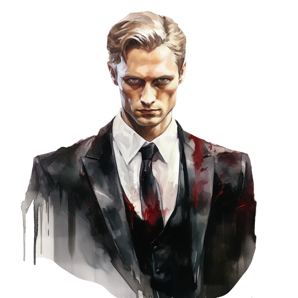 portrait, men's fashion, formal wear, suit and tie, watercolor, artistic, abstract, dark colors, black, charcoal, cream, ivory, white, burgundy, deep red, wine red, blood red, dramatic, moody, gothic, sophisticated, elegant, modern art, illustration, character design, fashion illustration, noir style, vintage formal, contemporary art