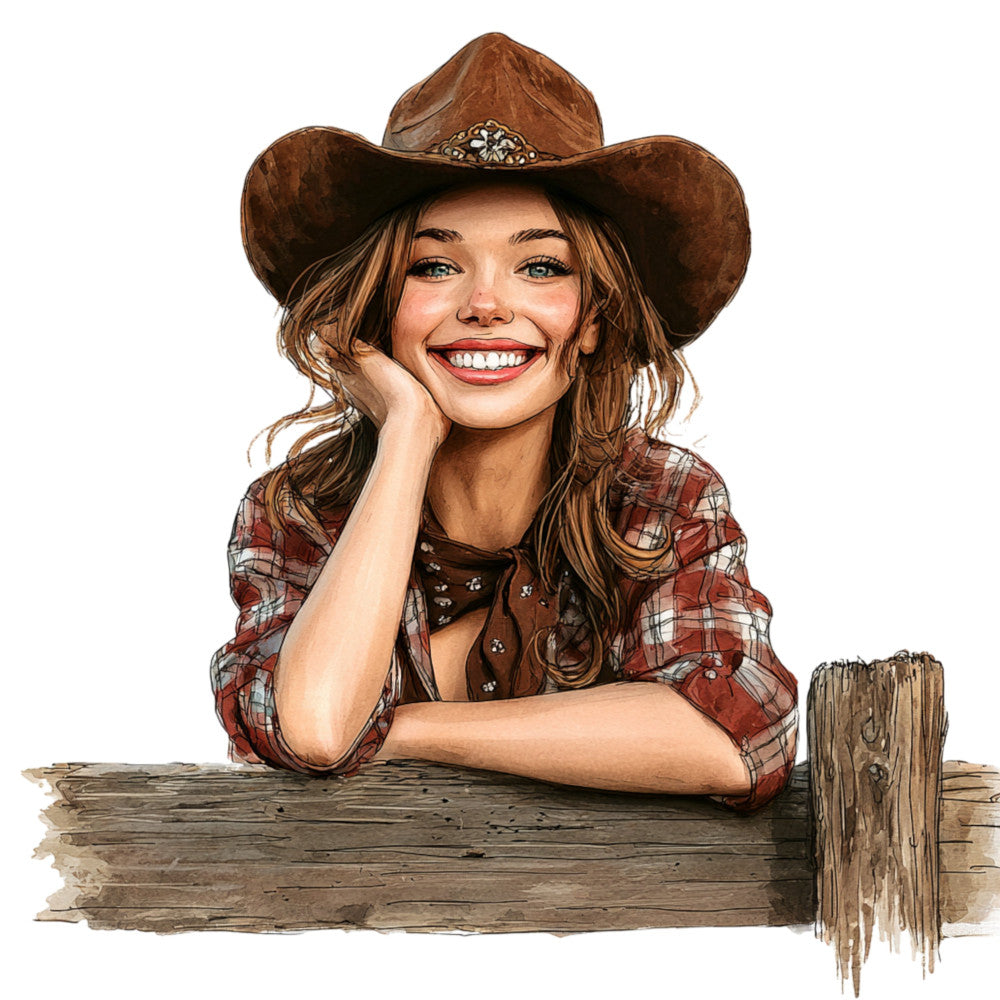 cowgirl, western, country girl, brown, rust, burgundy, plaid, flannel, checked, rodeo, ranch, farmhouse, rustic, vintage western, portrait panel, decorative panel, smiling woman, cheerful, approachable, folk art style, traditional, americana, cowboy hat, western wear, red plaid, cream, tan, southwestern, portrait fabric, character panel