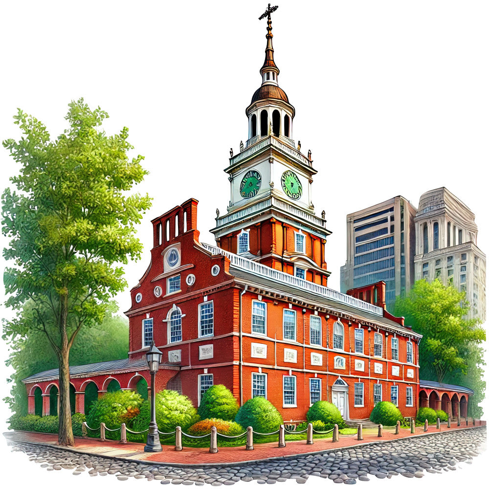 independence hall, colonial architecture, red brick building, clock tower, green clock faces, philadelphia landmark, historical building, cobblestone street, leafy trees, modern skyline, fabric panel, quilting cotton, architectural scene, patriotic theme, american history, brick red, forest green, colonial era, building illustration, urban landscape