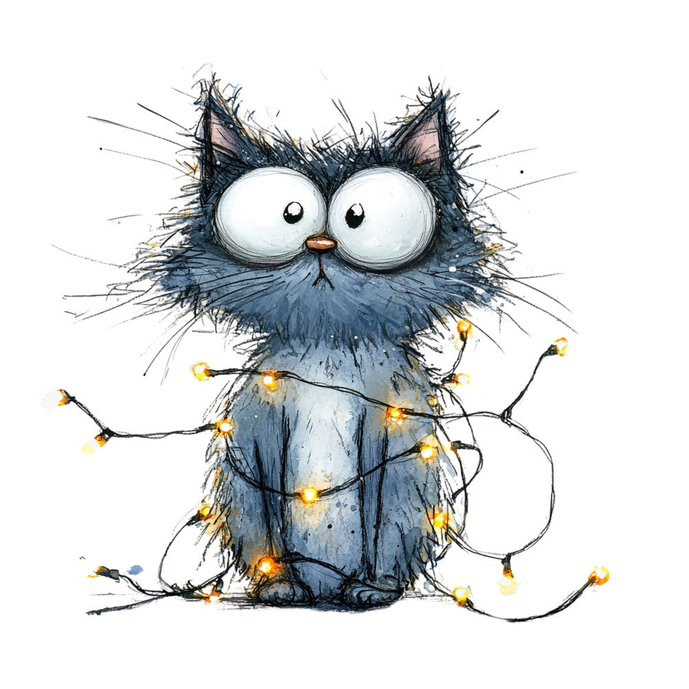 charcoal gray, navy blue, white, orange, yellow, whimsical, cat, kitten, animal, string lights, fairy lights, holiday, winter, christmas, cute, quirky, modern, playful, festive, decorative lights, bulbs, fluffy, furry, wide-eyed, cheerful, seasonal, home decor, novelty, children's