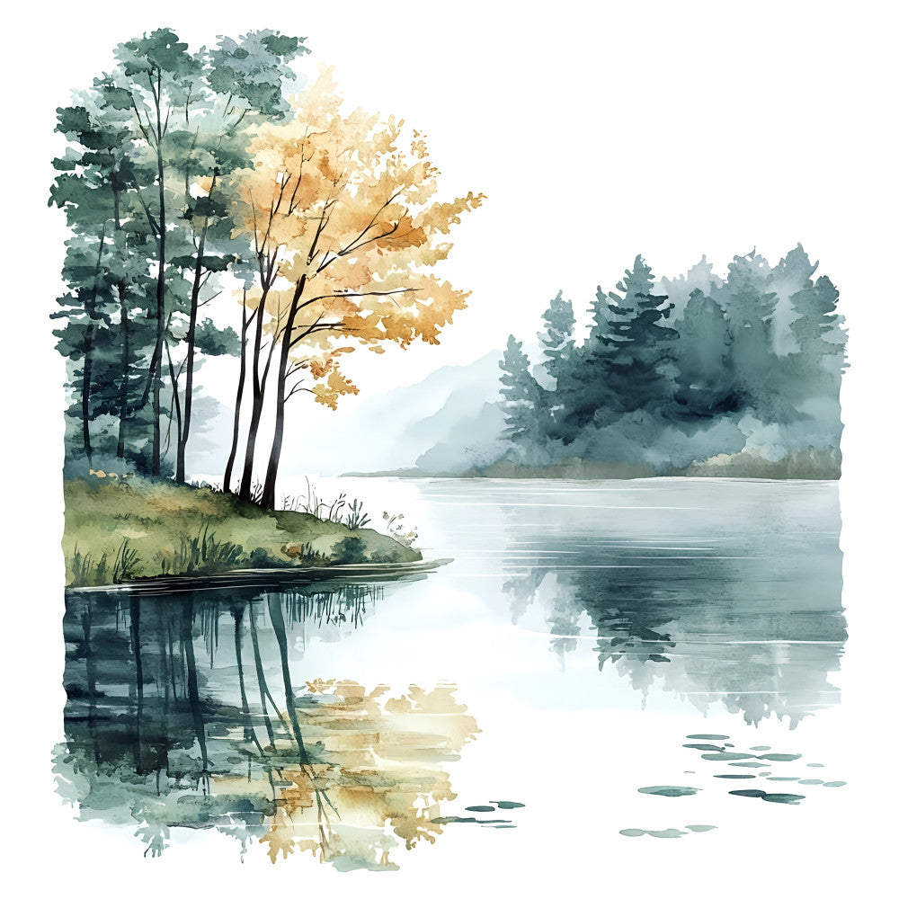 watercolor landscape, forest green, sage green, golden yellow, cream, misty blue, lake scene, woodland, autumn, fall colors, nature, scenic, trees, evergreen, birch trees, water reflection, peaceful, tranquil, impressionist, artistic, abstract watercolor, landscape art, rustic, elegant, naturalistic, wall hanging, home decor, transitional style