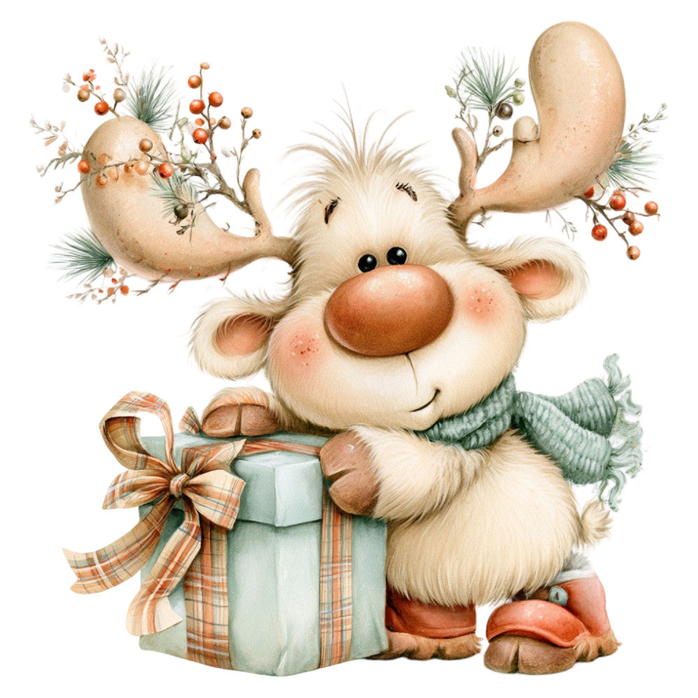 cute reindeer, christmas, holiday, whimsical, festive, cream, beige, tan, rust orange, sage green, plaid bow, berries, winter, seasonal, animal character, children's, baby, cheerful, decorative, folk art, traditional, cottage style, gift wrapped, folk whimsy, neutral tones, warm colors, playful, endearing, themed panel