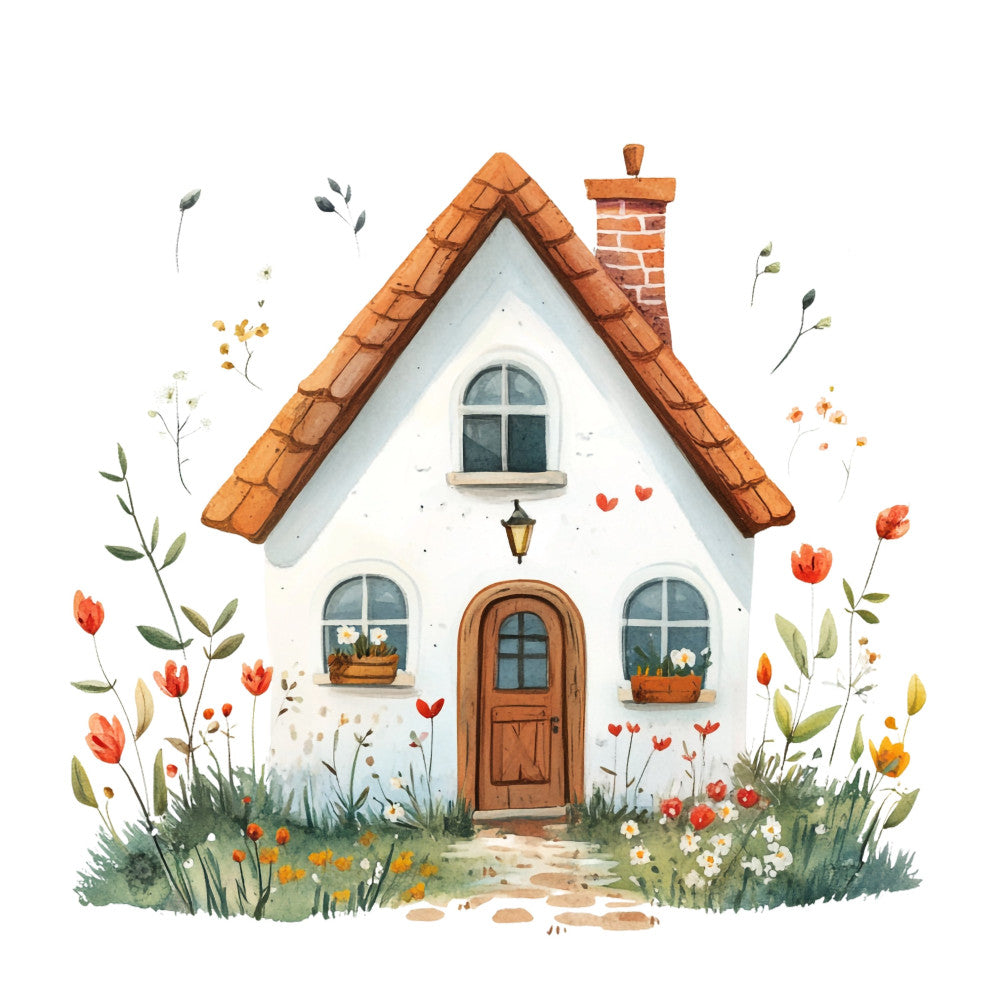 cottage core, whimsical house, white cottage, terra cotta roof, brick chimney, spring flowers, tulips, orange flowers, red hearts, wildflowers, countryside, rustic farmhouse, cream white, terracotta, forest green, golden yellow, cottage garden, nature themed, pastoral, vintage cottage, cozy home, storybook illustration, botanical, decorative flowers, spring season, home sweet home, garden theme, charming cottage, watercolor style, folk art