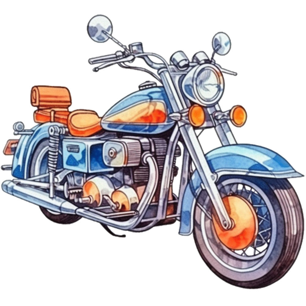 motorcycle, vintage bike, blue, orange, chrome, retro illustration, transportation, engine, handlebars, headlight, fabric panel, quilting cotton, detailed artwork, mechanical design, cruiser style, spoked wheels, exhaust pipes, mirrors, nostalgic styling, illustrated motorbike
