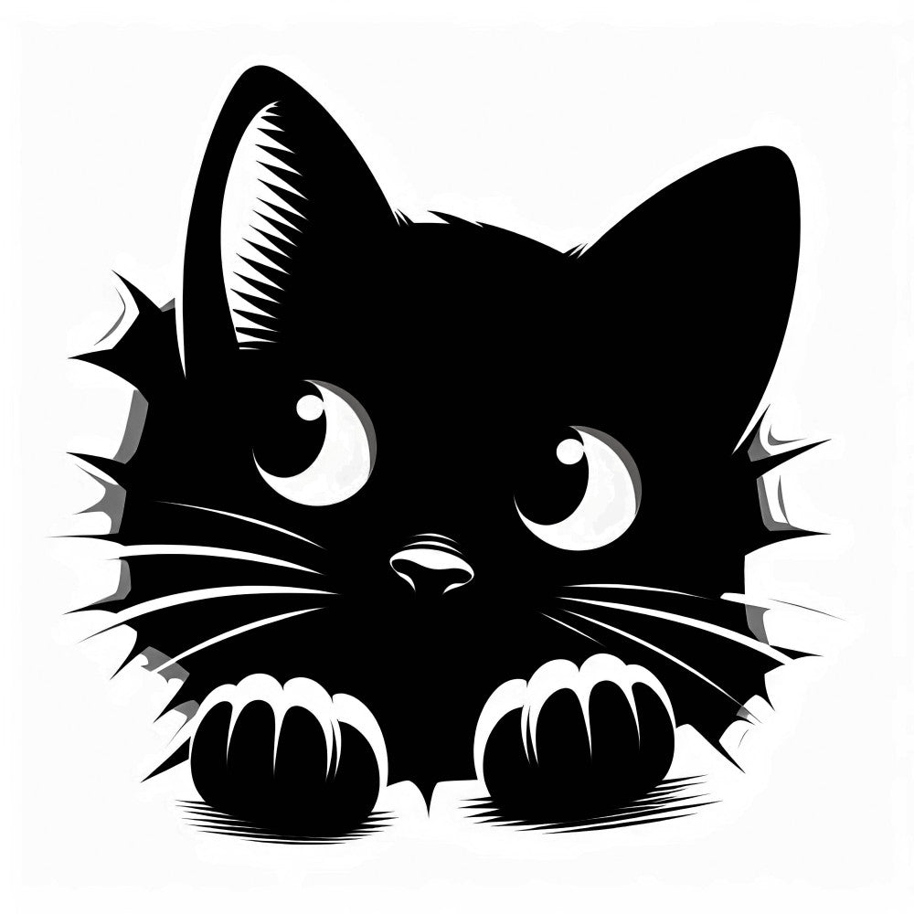 black cat, peeking cat, white eyes, whiskers, cat paws, monochrome, black and white, silhouette style, cute kitten, fabric panel, quilting cotton, animal design, pet themed, minimalist art, cartoon cat, playful mood, crafting material, sewing panel, feline artwork, simple illustration