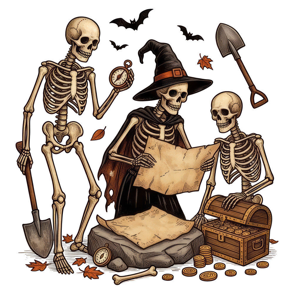 skeleton, halloween, witch, bones, skull, autumn, fall, spooky, creepy, vintage, gothic, treasure chest, coins, bat, witch hat, compass, shovel, bone pile, tan, cream, black, brown, rust orange, rustic, whimsical, holiday, october, seasonal, trick-or-treat, graveyard