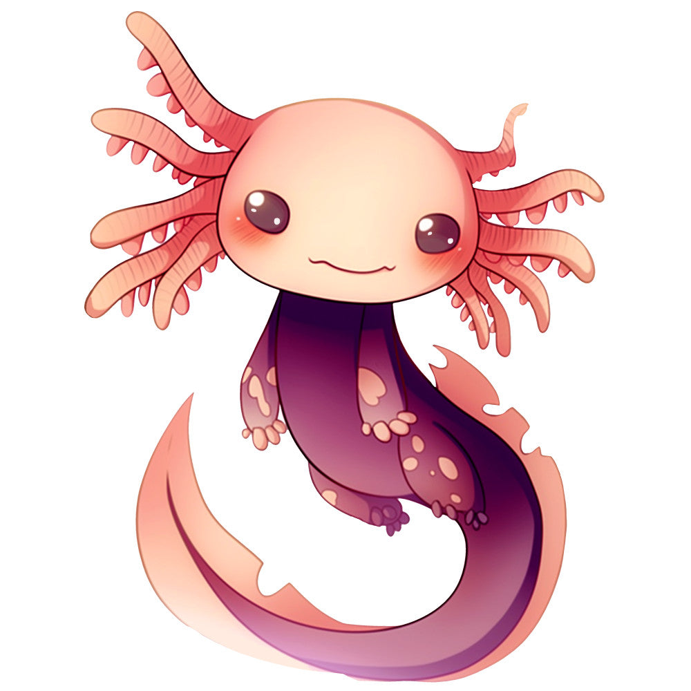 cartoon axolotl, pink coral, purple magenta, aquatic creature, salamander, cute kawaii, anime style, external gills, spotted pattern, fabric panel, quilting cotton, children's fabric, nursery decor, underwater theme, pastel colors, adorable character, craft supplies, sewing material, whimsical design