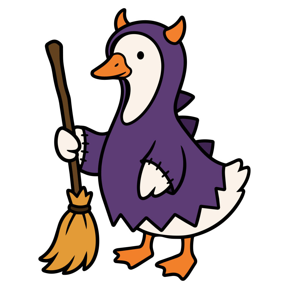 purple, orange, cream, white, animal, duck, goose, witch, halloween, whimsical, cute, playful, broomstick, costume, spooky, autumn, fall, holiday, children, kids, novelty, character, magical, festive, poultry, bird, devils horns