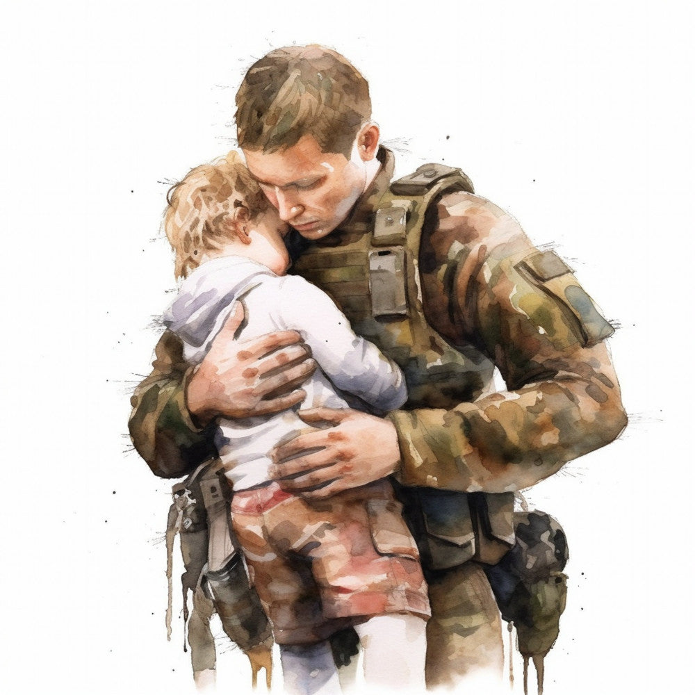 military, soldier, camouflage, khaki, tan, olive green, brown, beige, child, baby, holding, embrace, emotional, patriotic, tribute, memorial, hero, family, love, tenderness, watercolor, artistic, realistic, figurative, commemorative, inspirational, military appreciation, armed forces, veteran, touching