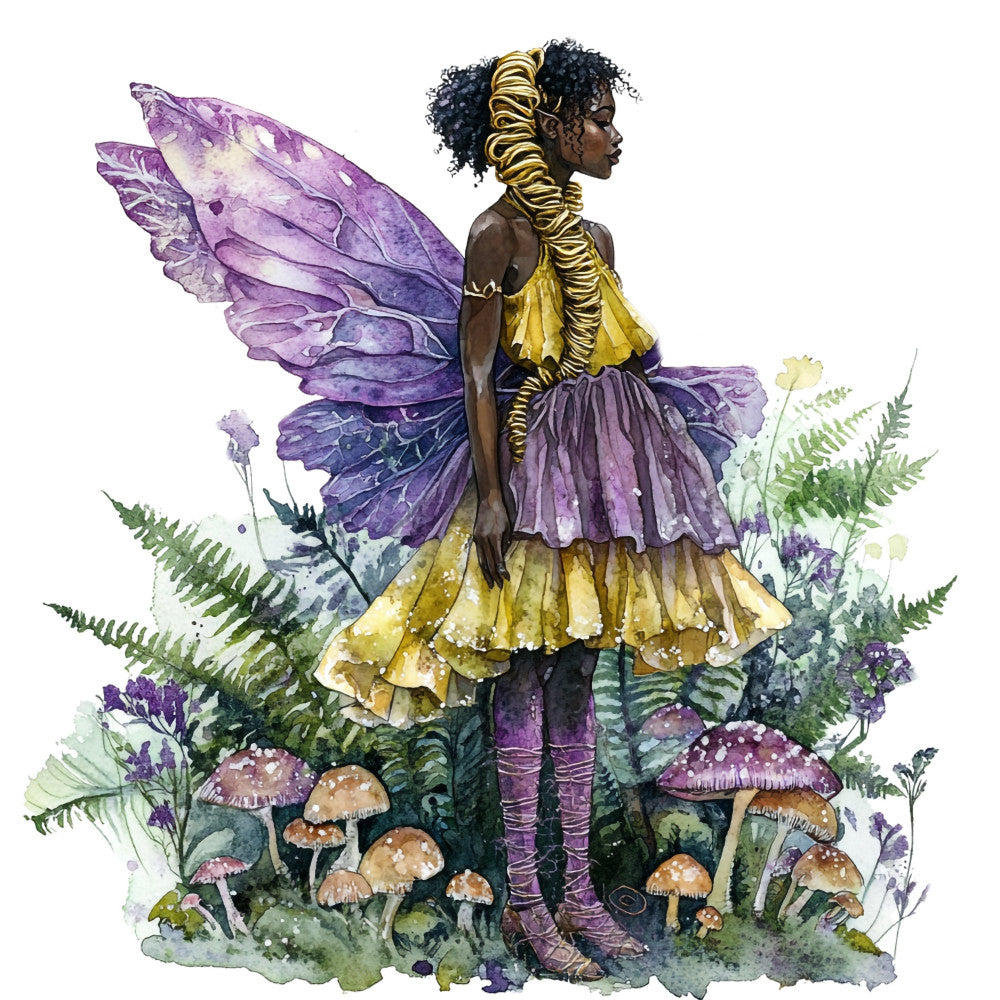 fairy, fantasy, whimsical, nature, woodland, magical, purple, gold, yellow, green, watercolor, illustration, fairy wings, mushrooms, ferns, flowers, botanical, enchanted forest, storybook, children, girl, dress, wings, fantasy art, spring, summer, wall hanging, craft, bohemian, artistic