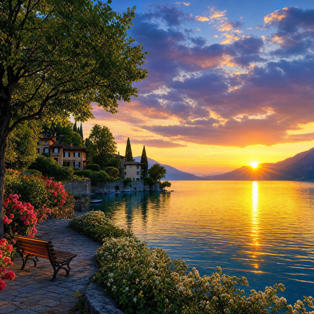 sunset, golden yellow, orange, pink, blue, purple, lake, water, landscape, scenic, nature, european, architecture, villa, mansion, botanical, flowers, floral, red flowers, cypress trees, romantic, elegant, scenic vista, travel, destination, summer, spring, peaceful, tranquil, waterfront