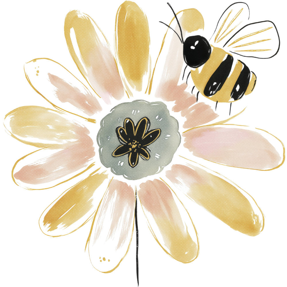 cream daisy, pale yellow, soft gold, sage green, black accents, floral, botanical, bee, honey bee, nature, whimsical, cottage core, spring, summer, garden, wildflower, pollinator, illustrated, watercolor, hand-painted, charming, sweet, delicate, pastoral, naturalistic, decorative, children's, nursery, modern whimsical