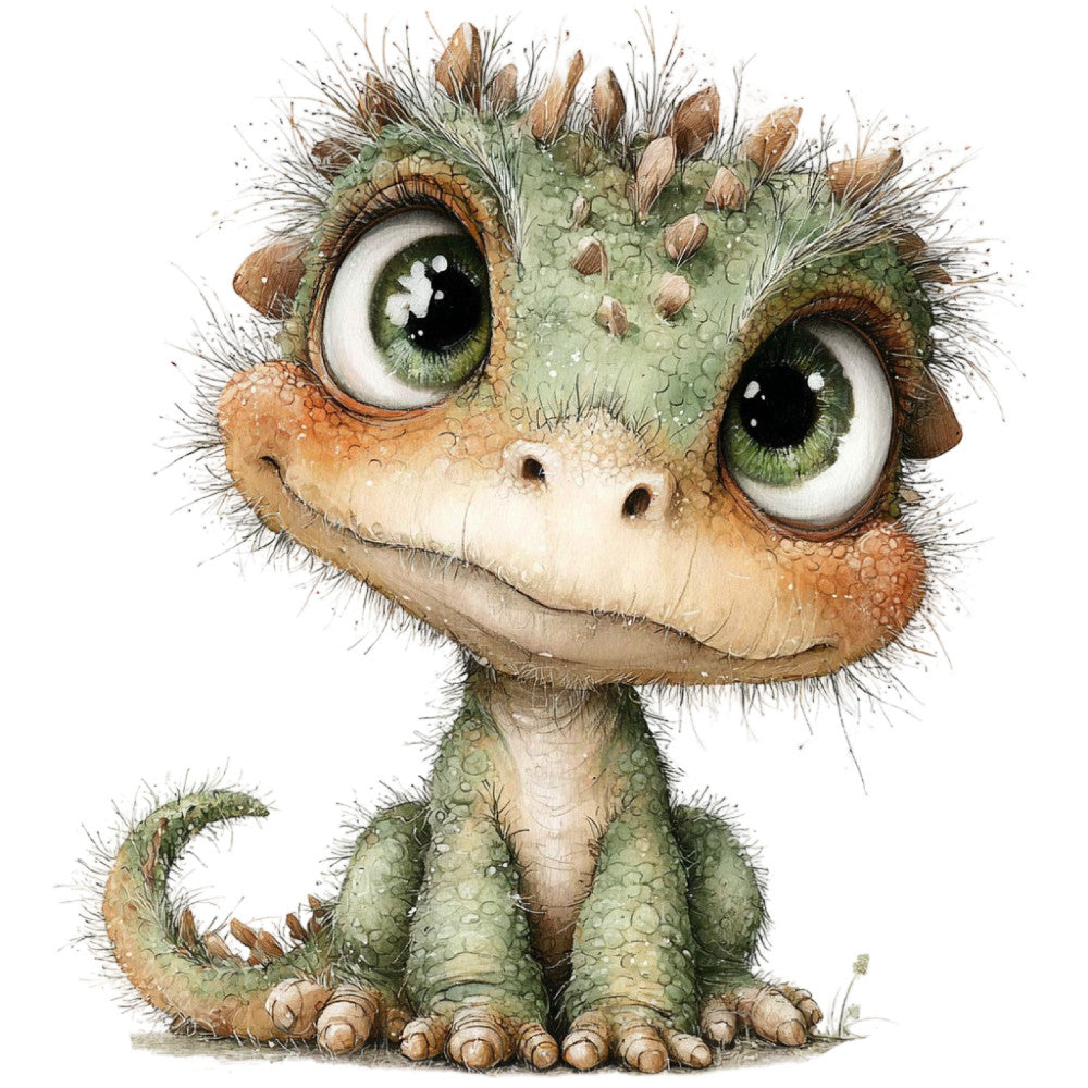 sage green, moss green, tan, beige, cream, terracotta, brown, olive green, whimsical, cute, adorable, dragon, reptile, fantasy, magical, animals, creature, children's, nursery, baby, playful, expressive eyes, scaled texture, hairy, quirky, illustration, storybook, woodland, enchanted, fun