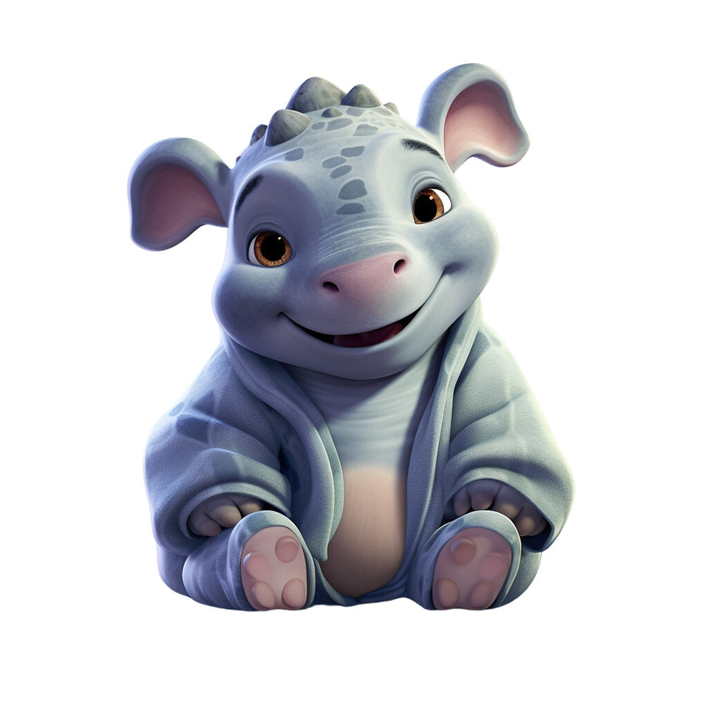 baby hippo, cartoon animal, pajamas, sleepwear, nursery theme, cute character, sitting pose, gray blue, lavender, soft pink, adorable expression, children's fabric, quilting panel, cotton fabric, whimsical design, kawaii style, baby animal, plush texture, sweet smile, gentle colors