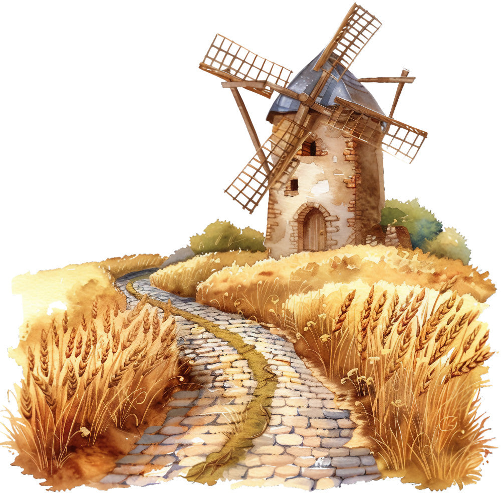watercolor, windmill, wheat field, cobblestone path, golden yellow, warm brown, sage green, rustic stone, countryside scene, pastoral landscape, summer harvest, european style, soft brushstrokes, fabric panel, quilting cotton, rural setting, rolling hills, vintage mill, organic textures, serene mood